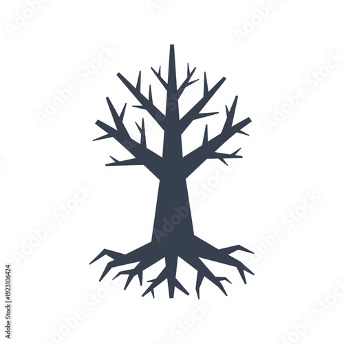 Silhouette of a leafless tree with visible roots and branches.