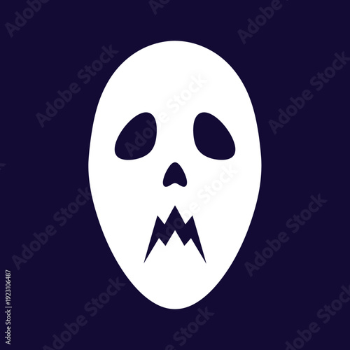White skull mask with black eye sockets and jagged mouth on dark background