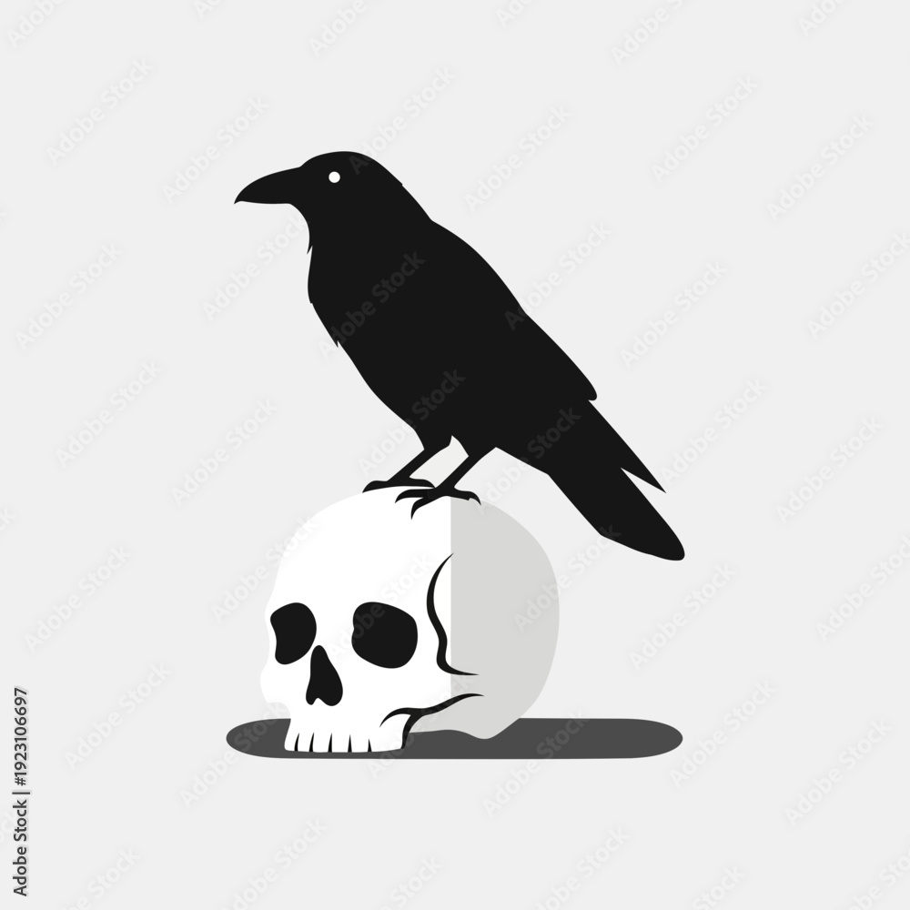 Fototapeta premium Black silhouette of a crow perched on a human skull.