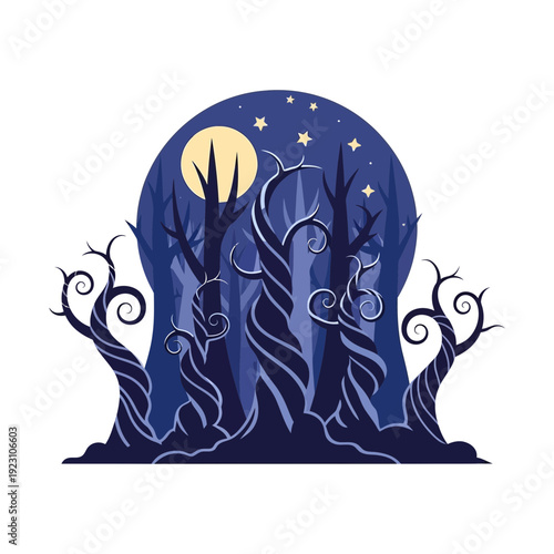 Dark twisted trees with spiral branches against a moonlit night sky.