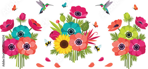 Vibrant floral arrangement with hummingbirds and colorful flowers on white background