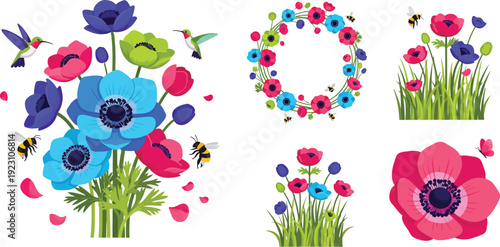 Colorful floral arrangements and individual flowers with green grass and stems on white background