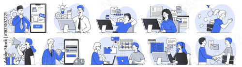 Business scenes set. Men and women at computers. Good performance in workplace, efficient workflow. Collaboration and communication. Linear vector collection isolated on white background