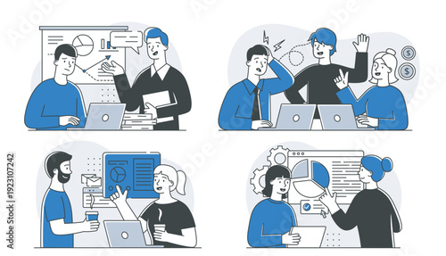 Business scenes set. Men and women in office. Colleagues near graphs. Team of analysts analyze charts, conduct marketing research. Linear vector collection isolated on white background
