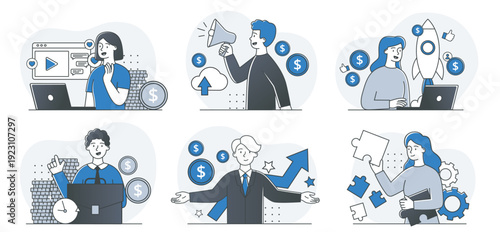 Business people scene set. Men and women in office. Corporate strategy and planning. Analysts conduct marketing research. Linear vector collection isolated on white background