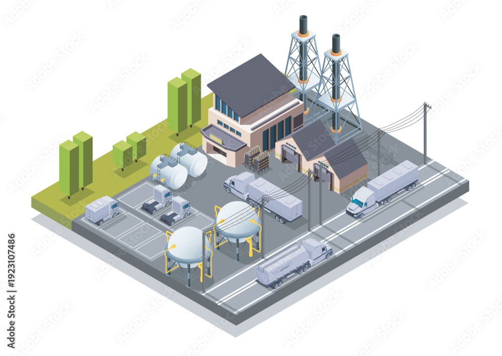 Obraz premium Industrial facility isometric. Fuel tanks and storage facilities. Transportation and logistics, shipping. Manufacturing and factory. Volumetric vector illustration