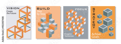 Geometric template posters set. Geometric figures and patterns. Orange and grey cubes. Abstract creativity and art objects. Flat vector collection isolated on white background