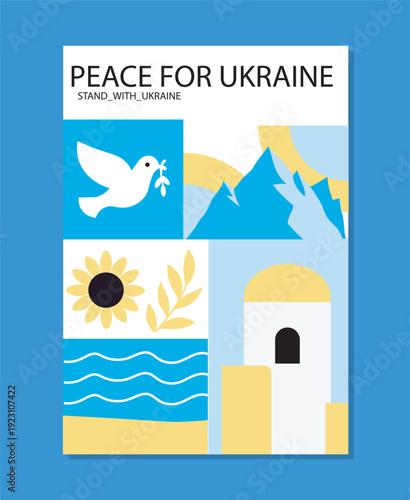 Geometric ukraine poster. White dove with peace sign. Patriotism, freedom, and independence. Stop war in Ukraine. National constitution day. Flat vector illustration