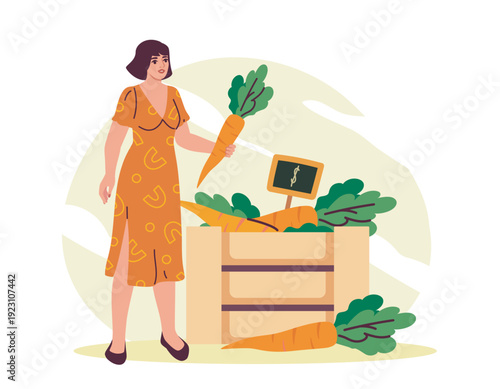 Woman buy carrots. Young girl buys fresh vegetables at store. Support your local shop. Customer in market. Daily routine and household chores. Flat vector illustration