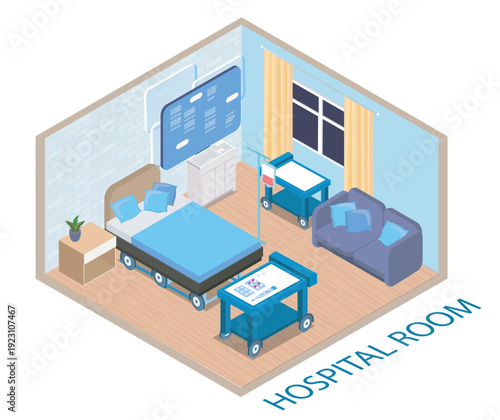 Hospital room isometric. Modern room interior. Bed and medical equipment for rehabilitation. Healthcare and medicine. Hospital inside. Volumetric vector illustration
