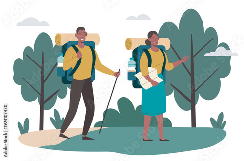 Man and woman hiking. Man and woman with backpacks walking through forest. Active lifestyle and recreation. Couple spends time together. Camping and hiking. Flat vector illustration