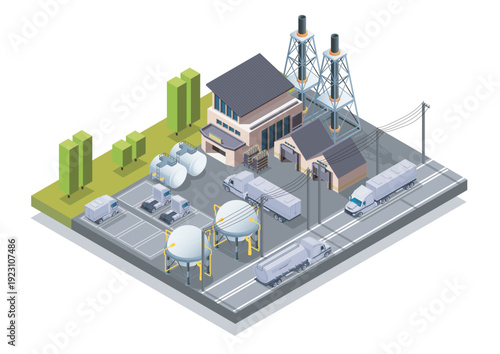 Industrial facility isometric. Fuel tanks and storage facilities. Transportation and logistics, shipping. Manufacturing and factory. Volumetric vector illustration