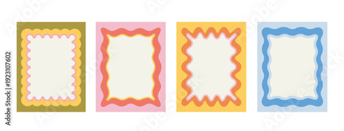 Invitations frames set. Rectangular blue, red and yellow dividers. Bundle of funky patterns. Party and event, holiday. Flat vector collection isolated on white background