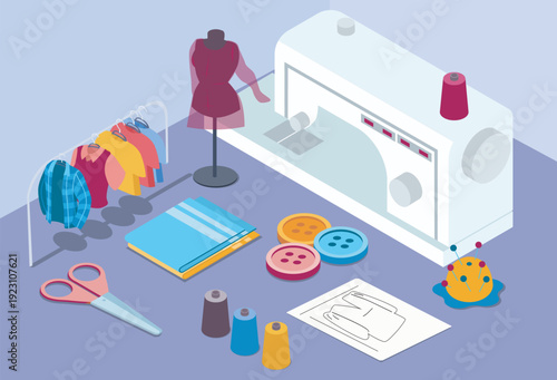 Isometric custom tailor service. Scissors, buttons, mannequin, and sewing machine. Seamstress or atelier workshop. Clothing production. Volumetric vector illustration