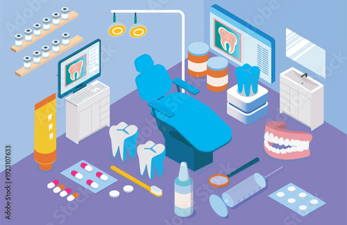Isometric dentists office. Modern room interior. Bed and medical equipment for dental treatment. Prosthetics, pills and syringe. Healthcare and medicine. Volumetric vector illustration