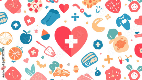 Heart with medical cross surrounded by health and wellness icons, symbolizing care, health, and well-being with a cheerful, playful design