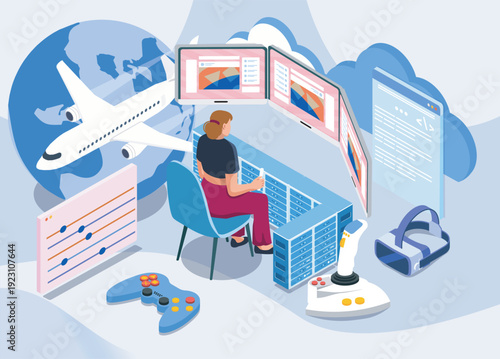 Isometric flight simulator. Woman sits in VR glasses and controls airplane. Virtual reality, cyberspace and metaverse. Gaming and entertainment. Volumetric vector illustration