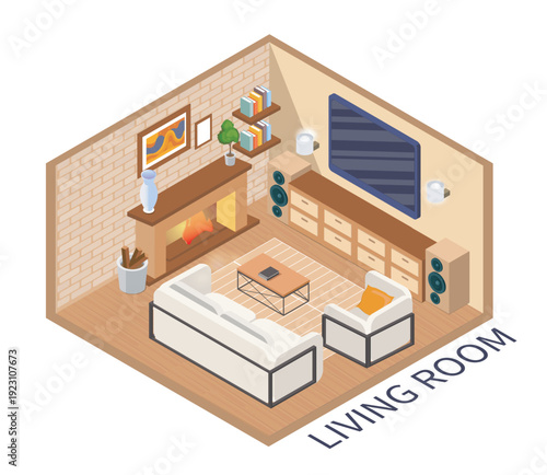 Isometric modern living room interior. White sofa, fireplace, wooden cabins and tv. Flat or apartment inside view. Comfort and coziness. Volumetric vector illustration