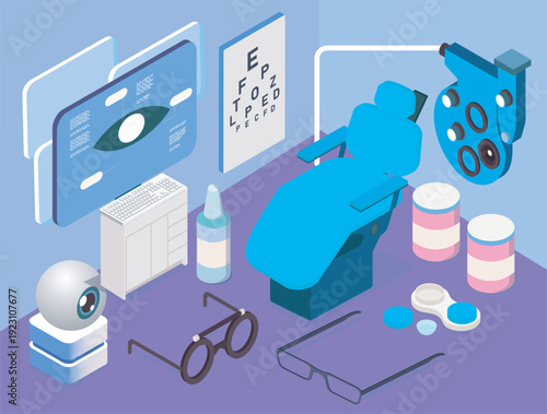 Isometric ophthalmologists office. Chair and medical equipment for vision treatment. Glasses, eye drops and vision test. Healthcare and medicine. Volumetric vector illustration