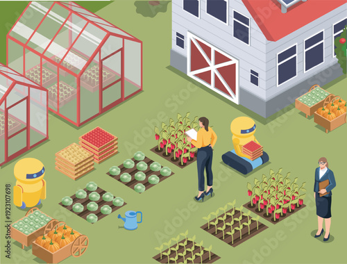 Isometric smart farm. Women and robots stand near greenhouses and vegetable beds. Farming and agriculture. Process automation and innovation. Volumetric vector illustration