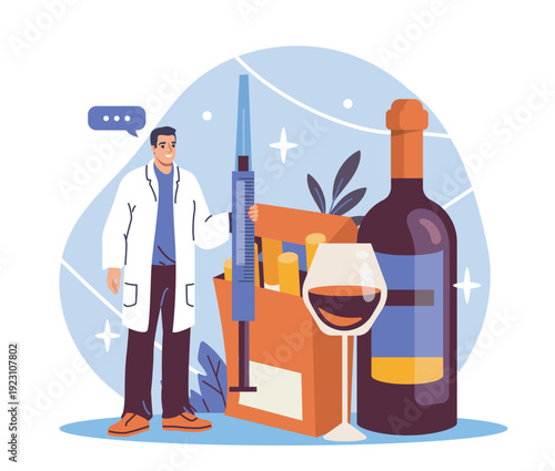 Narcologist with syringe. Man in medical uniform near alcohol and cigarettes. Treatment of bad habits and mental problems. Nicotine and tobacco products. Flat vector illustration