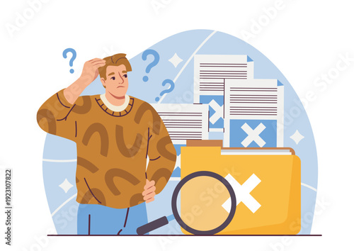 Man with no data. Businessman near empty folder and magnifying glass. Failure and lost documents. Problems with electronic storage or archive. Flat vector illustration