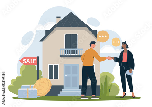 Notary service concept. Man and woman shake hands near apartment or building. Deals with real estate, business protection. Legal support of deals with private property. Flat vector illustration