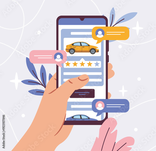Online car selling. Smartphone application for vehicle transactions. Dealership on internet. Automobile rating. Software for car owners and dealers. Flat vector illustration