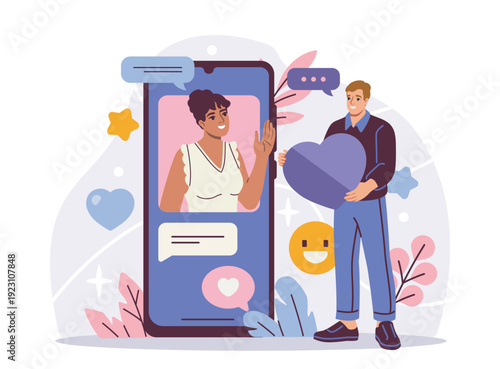 Online dating application. Man holding purple heart near smartphone. Love and romance. Romantic meeting and date on social networks. Chat and dialogue. Flat vector illustration