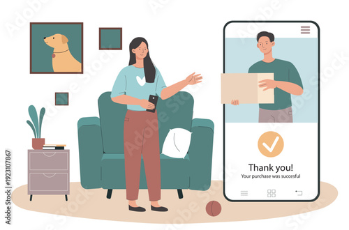 Online purchase. Man gives box to woman via smartphone. Online shopping and home delivery. Electronic transfers and transactions in internet shop. Flat vector illustration