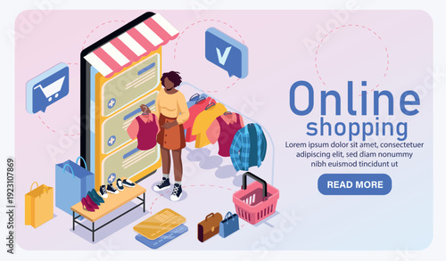 Online shopping isometric banner. Woman holding clothes near smartphone. Electronic commerce and marketing, home delivery. Landing page design. Volumetric vector illustration