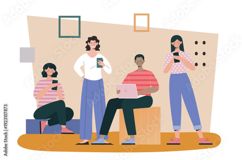 People with gadgets. Men and women with smartphones, tablets, and laptops. Young people and modern technology. Online communication, internet addiction. Flat vector illustration