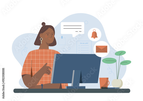 Secretary concept. Woman sits at her computer at her workplace. Employee answering emails and scheduling meetings for her boss. Productivity and planning. Flat vector illustration