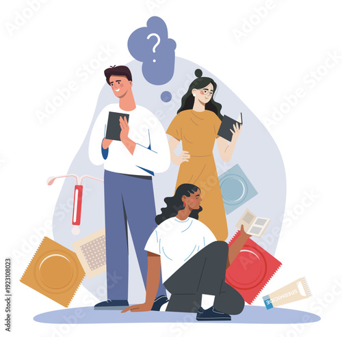 Sexual education concept. Boy and girls with books near contraceptives, condoms, and pills. Mindfulness and awareness. Education and training, courses for teenagers. Flat vector illustration