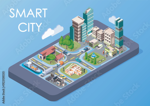 Smart city isometric. Modern buildings on smartphone. Urban infrastructure and architecture. Map application. Street landscape. Volumetric vector illustration