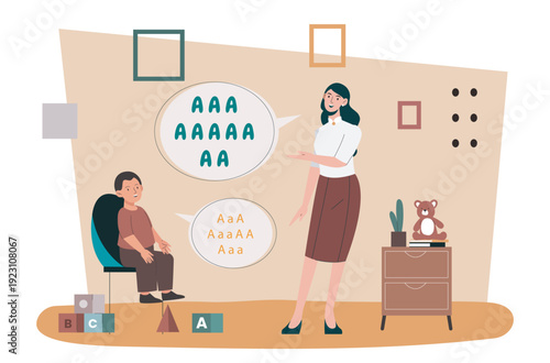 Speech therapy concept. Woman teaches child to talk. Speech therapist works with boy. Preschool education and training. Mental and psychological problems. Flat vector illustration