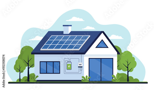 Residential building with rooftop solar panels and energy storage system. Sustainable living and green technology concept. Flat vector illustration