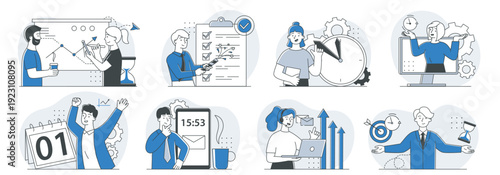 Time management scene set. Men and women in office. People with calendars and clocks. Productivity and efficiency. Productive employees. Linear vector collection isolated on white background