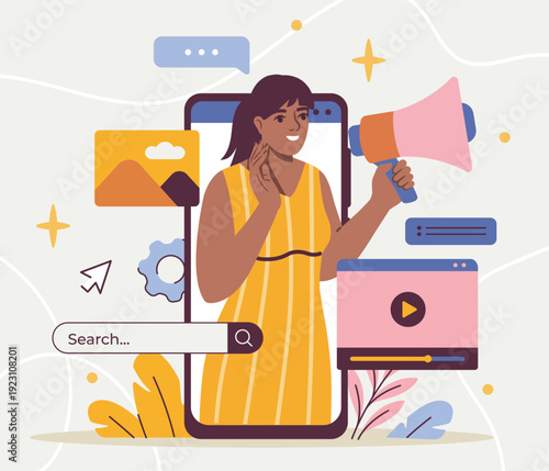 Website promotion concept. Woman with loudspeaker on smartphone screen. Social media marketing. Promotion of products or content on Internet. SEO or SMM specialist. Flat vector illustration