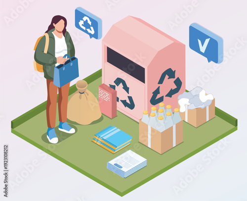 Waste management isometric. Woman with bags and packages near trashcan. Recycling and reuse, zero waste lifestyle. Waste sorting and management. Volumetric vector illustration