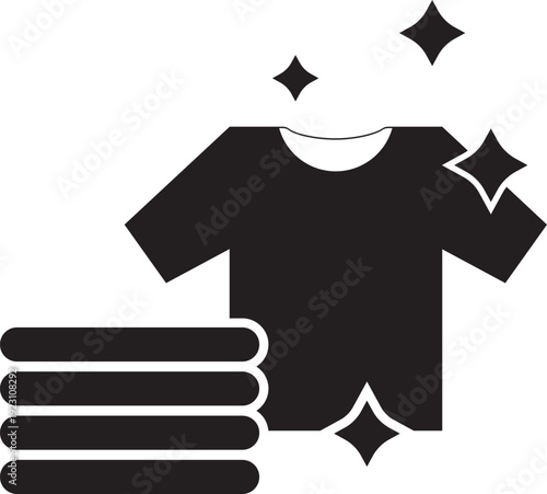 Clean laundry and folded clothes icon with sparkles