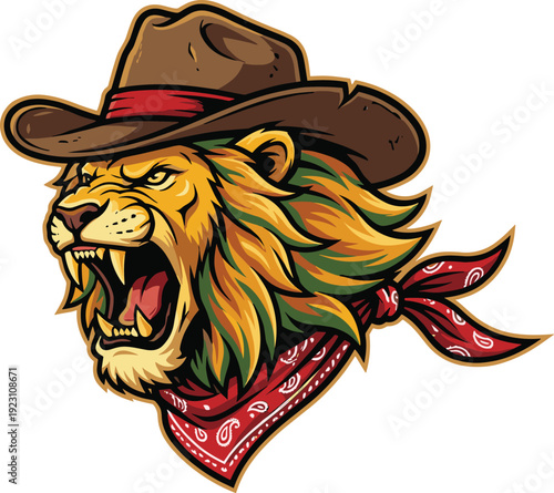 Cartoon Lion Character with Cowboy Hat and Bandana for Wild West, Adventure, and Animal Illustration Projects