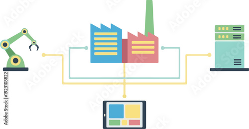 Industrial robotic arm connected to server and documents