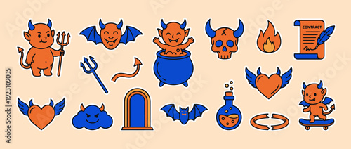 Demonic Doodles: An array of cartoonish imps and devilish motifs are arranged, creating a playful and slightly eerie visual. 