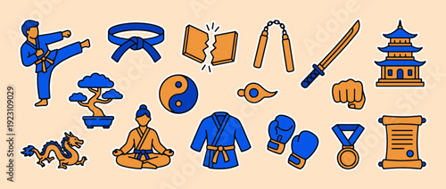 Martial Arts Elements: An array of martial arts elements in vibrant colors, showcasing the rich symbolism and essential components of the practice.
