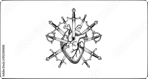 Swords piercing a heart in a vintage style a white background symbol
