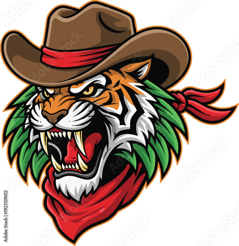 Cartoon Tiger Character with Cowboy Hat and Bandana for Wild West, Adventure, and Animal Illustration Projects