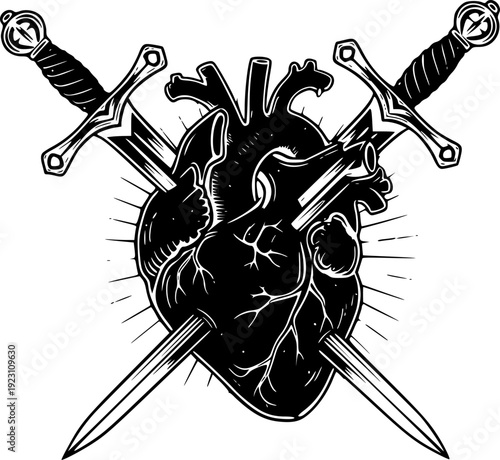 Swords piercing a heart in a vintage style a white background symbol
