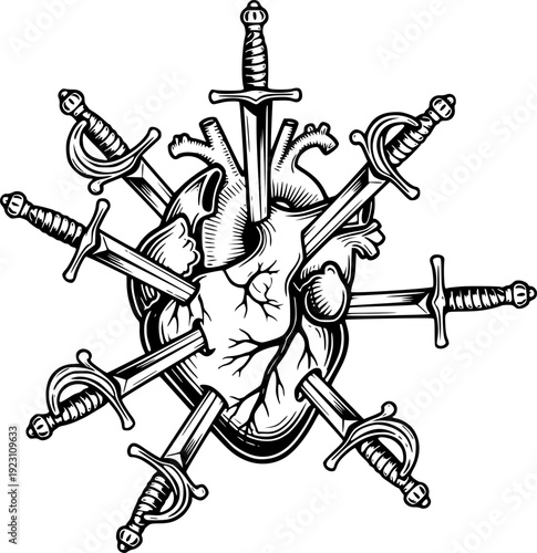 Swords piercing a heart in a vintage style a white background symbol
