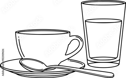 black and white of a coffee cup a saucer with a glass of water and a spoon